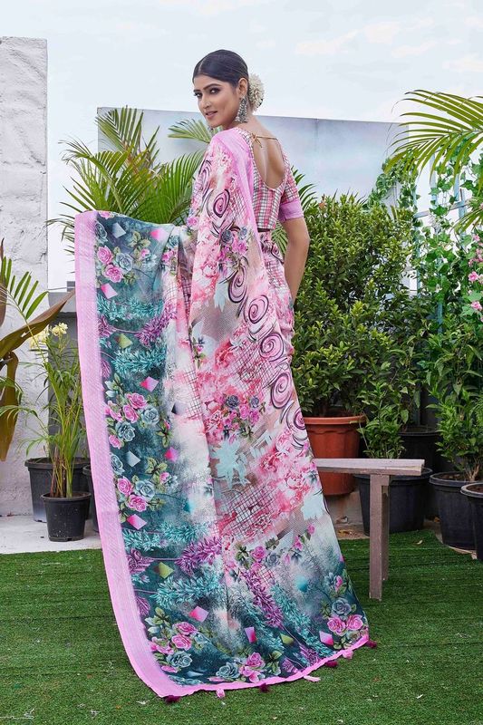 Pink Color Beautiful Fashinove Looks Smart Printed Linen Blend Saree