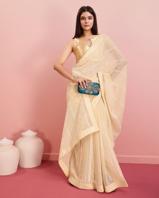 Beige Designer Sequance Embroidery Work Georgette Saree