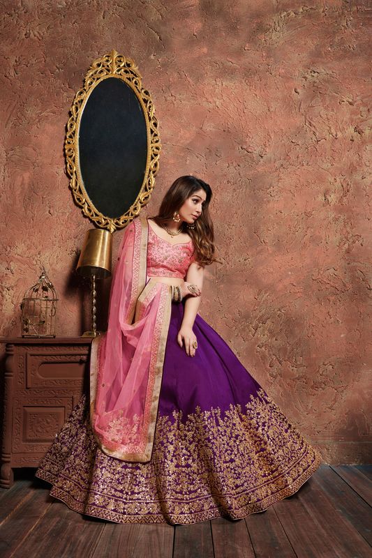 Purple Women's Mulberry Silk Embroidery Lehenga Choli