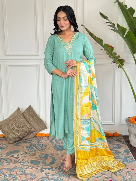 Women Embroidered Straight Kurta with Pant And Printed Dupatta Sets