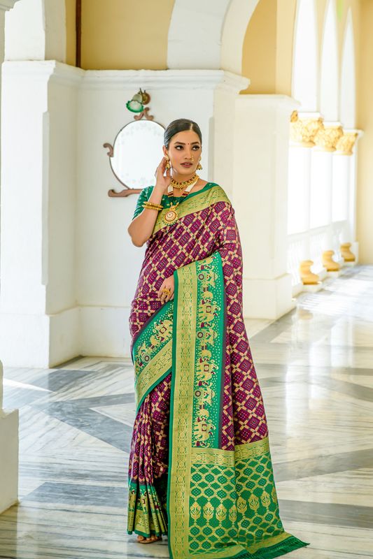 Wine Wevon Bandhani Designer Banarasi Silk Saree