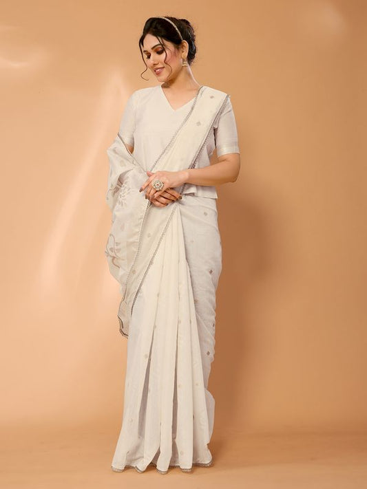 Cream Wevon Jari Designer Chanderi Silk Saree