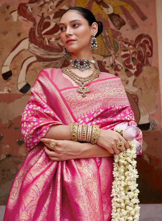 Pink Weaving Jacquard Jari Designer Banarasi Silk Saree