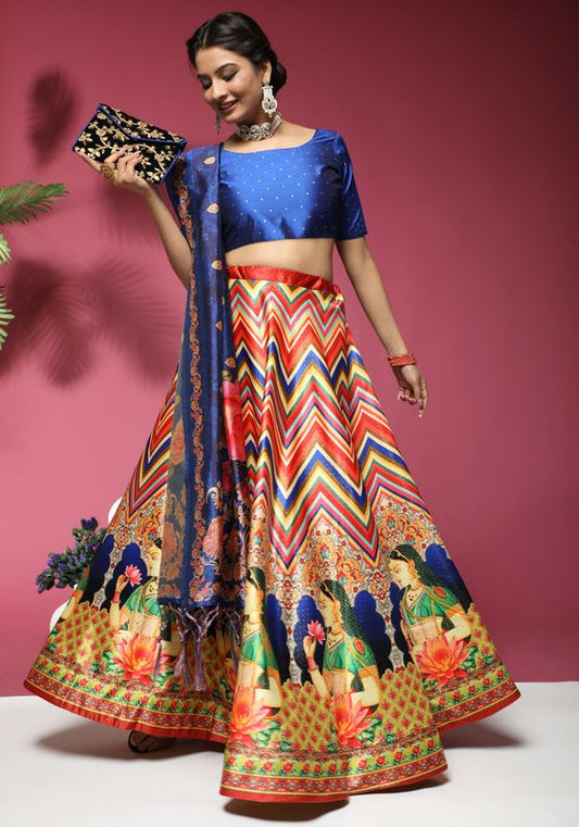 Digital Print Satin Silk Fabric Stitched Lehenga Choli With Jequared Blouse and Assami Silk Thread Work Dupatta For Women and Girls In Festive Party And Traditional Wear