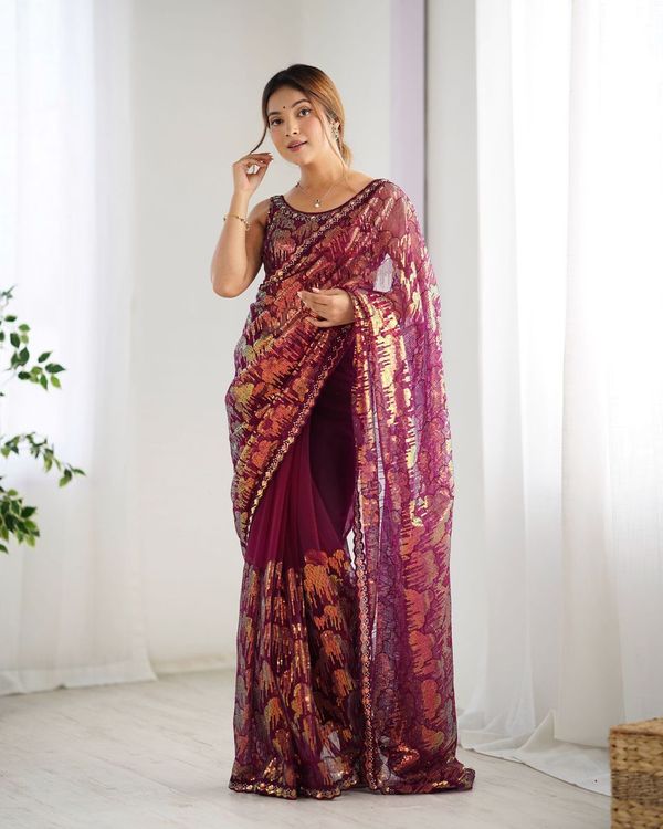 Wine Heavy Sequance Embroidery Work Mono Net Saree