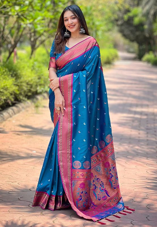 Blue Paithani Silk Wevon Paithani Meenakari Designer Heavy Wedding Wear Trendy Girlie Saree