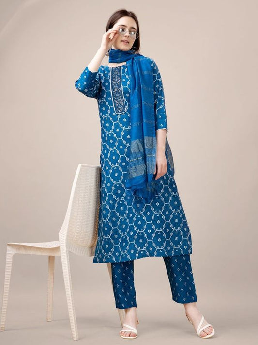 Blue Color Rayon Fabric Designer Printed Readymade Suits With Smart Embroidery Work