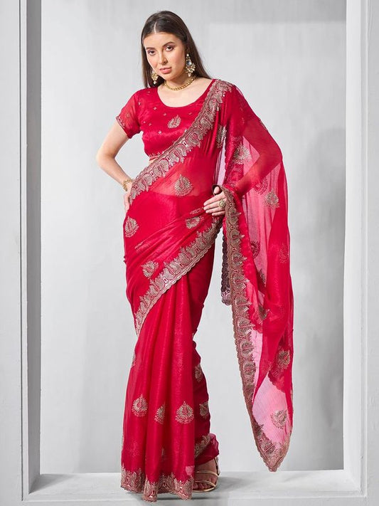 Red Color Sitara Chiffon Fabric Designer Embroidery Work Ceremonial Partywear Saree