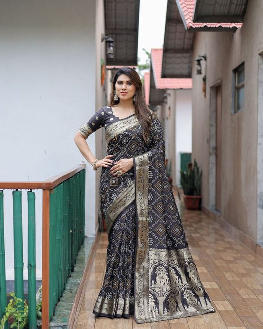 Black Kanchi Wevon Jari Designer & Bandhej Printed Dola Silk Saree