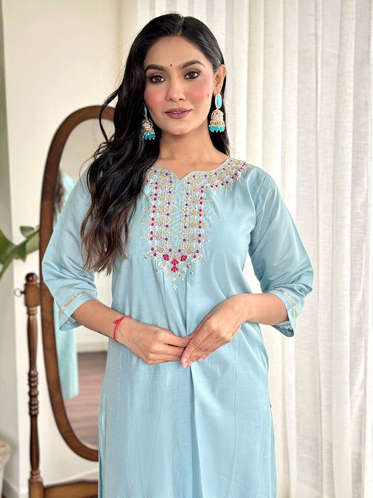 Sky Blue Embroidered Kurta Sets