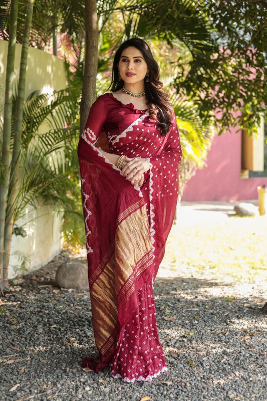 Maroon Wevon Jari Pallu Designer & Bandhej Printed Silk Saree