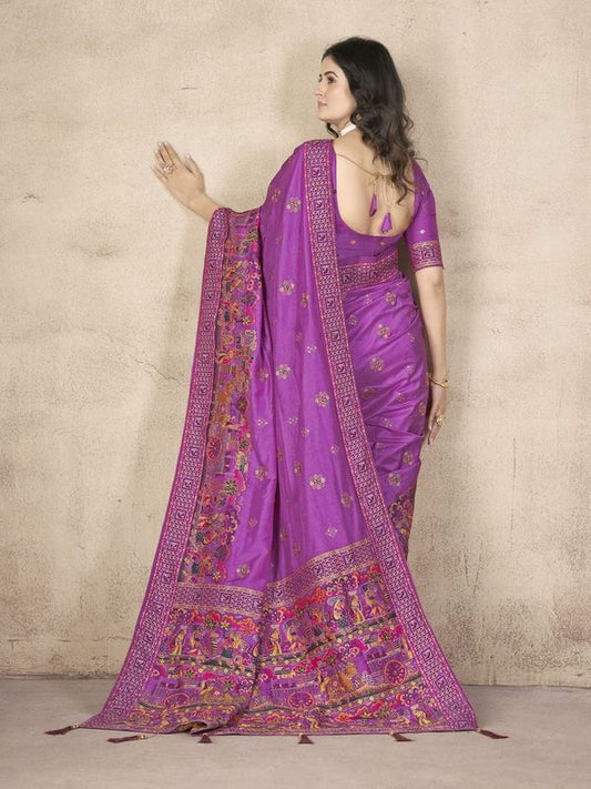 Purple Wevon Thread & Jari Designer & Hand Work Pashmina Silk Saree