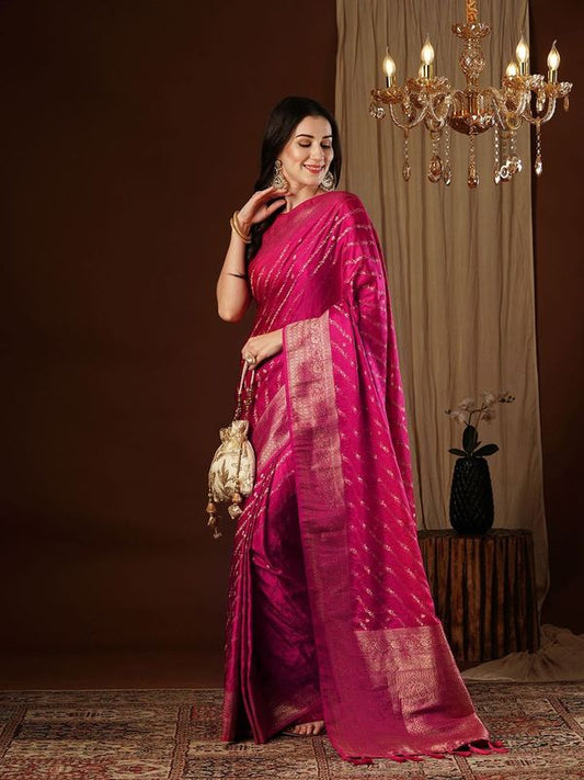 Pink Wevon Jacquard Designer Satin Silk Saree