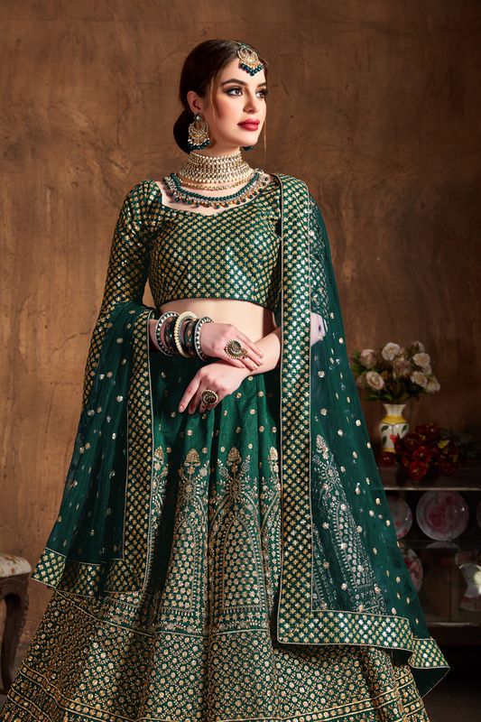 Green Women's Raw Silk Embroidery Lehenga Choli