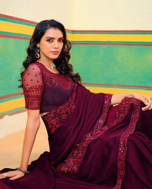 Maroon Oak Wevon Designer & Embroidery Work Georgette Jari Saree