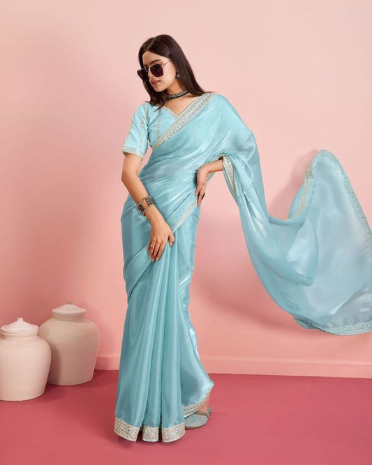 Sky Blue Embroidery Work Lace Blouse Jimmy Choo Saree