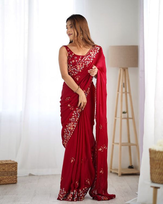 Maroon Color Satin Chiffon Fabric Designer Thread And Sequins Work Partywear Saree