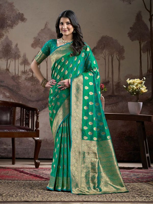 Sea Green Wevon Rich Pallu Designer Lichi Silk Saree