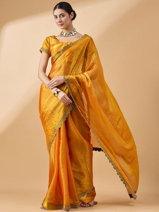 Mustard Designer Swarovski & Stone Work Organza Saree