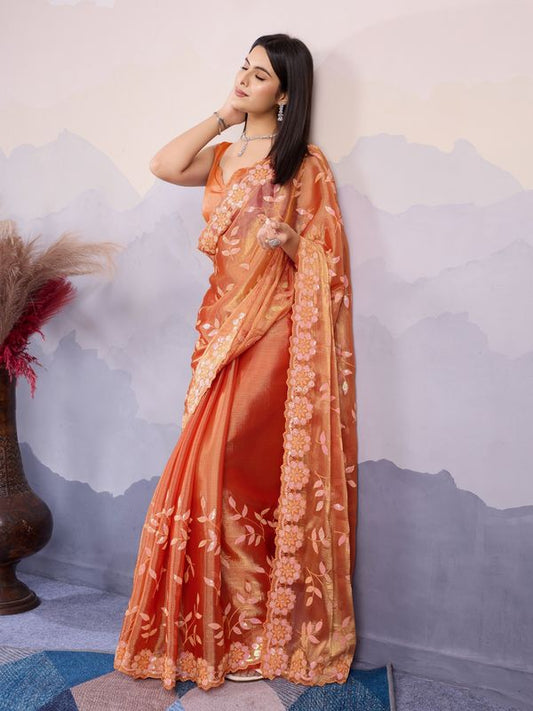 Orange Color Burberry Silk Designer Sequins Embroidery Work Girlie Wedding Wear Saree