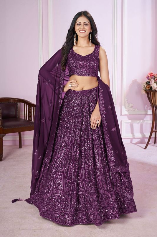 Purple Women's Georgette Embroidery Lehenga Choli