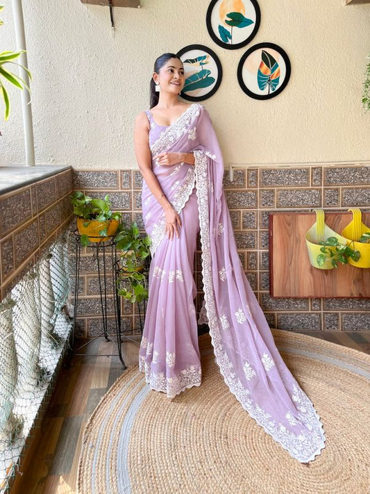 Lavender Color Simmer Silk Bollywood Style Partywear Saree With Thread Embroidery Cut Work