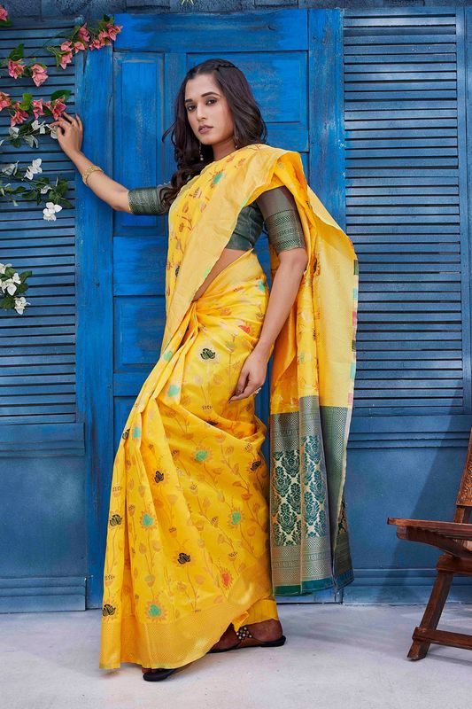 Yellow Color Ethnic Silk Blend Fabric Graceful Festive Saree With Wevon Jacquard Designer