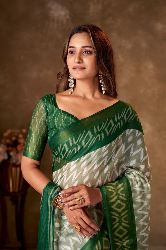 Green Cotton Printed Saree and Stitched Green Blouse