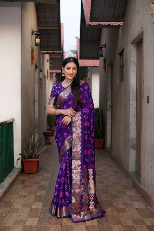 Lavender Wevon Matka Border & Pallu Designer & Bandhej Hand Printed Dola Silk Saree