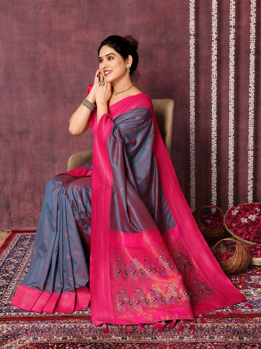 Grey Wevon Jari Designer Work Silk Blend Saree