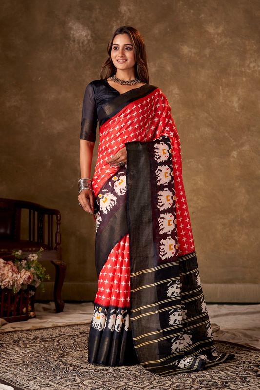 Red Cotton Printed Saree and Stitched Black Blouse
