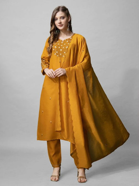 Mustard Color Cotton Blend Readymade Dress With Designer Embroidery Work