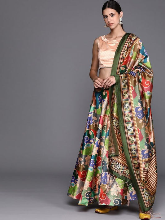 Digital Print Satin Silk Fabric Stitched Lehenga Choli With Jequared Blouse and Assami Silk Thread Work Dupatta For Women and Girls In Festive Party And Traditional Wear