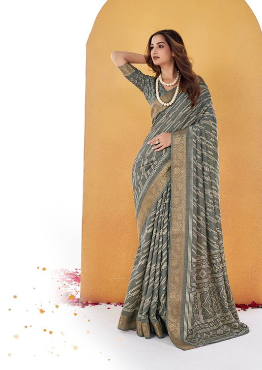 Cloudy Grey Wevon Border Designer With Printed Dolla Silk Saree