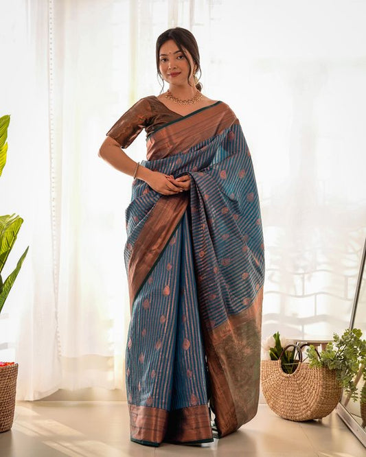 Blue Wevon Copper Jari Designer Kanjivaram Silk Saree