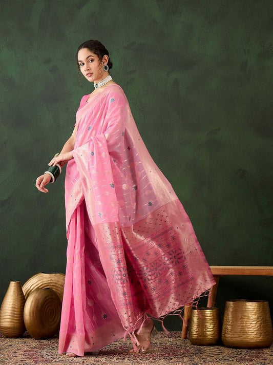 Pink Poly Cotton Wevon Designer Graceful Ethnic Partywear Saree