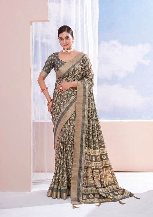 Taupe Grey Wevon Border Designer With Printed Dolla Silk Saree