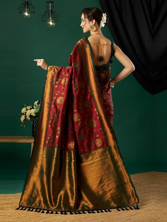 Red Banarasi Silk Woven Saree With Tassels on Pallu and Stitched Green Blouse