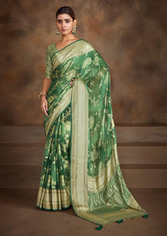 Teal Green Wevon Brasso Work Moss Brasso Saree