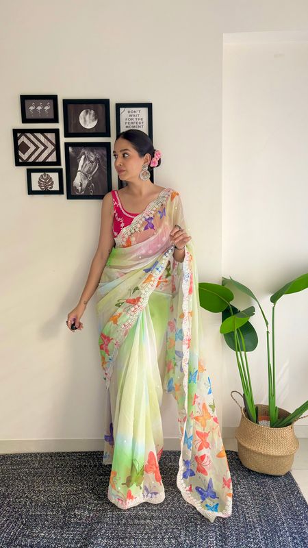 Pista Digital Printed & Coding & Sequance Embroidery Work Georgette Saree