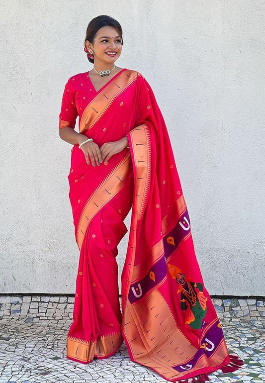 Pink Wevon Paithani Vitthala Designer Soft Silk Saree