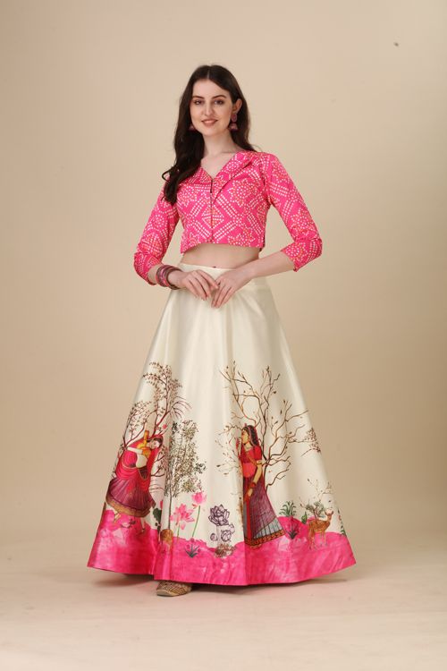 Digital Print Satin Silk Fabric Stitched Lehenga Choli With Jequared Blouse and Assami Silk Thread Work Dupatta For Women and Girls In Festive Party And Traditional Wear