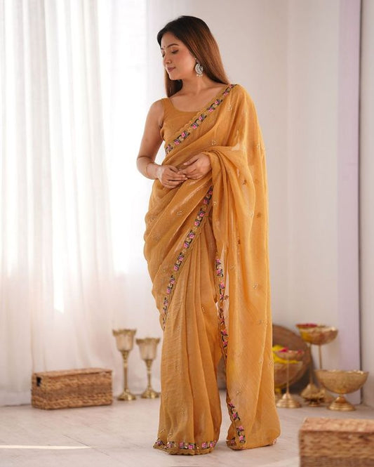 Mustard Pixel Silk Thread And Sequins Embroidery Work Partywear Girlie Saree