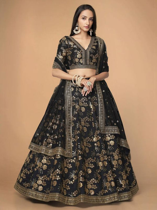 Black Women's Slub Silk Embroidery Lehenga Choli