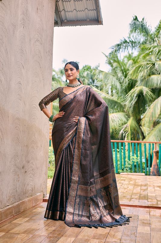 Black Wevon Copper Jari Designer Kanjivaram Sik Saree