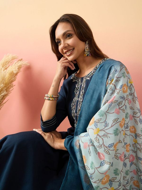 Blue Color Rich Looks Hand Woven Readymade Dress With Sophisticated Embroidery Work