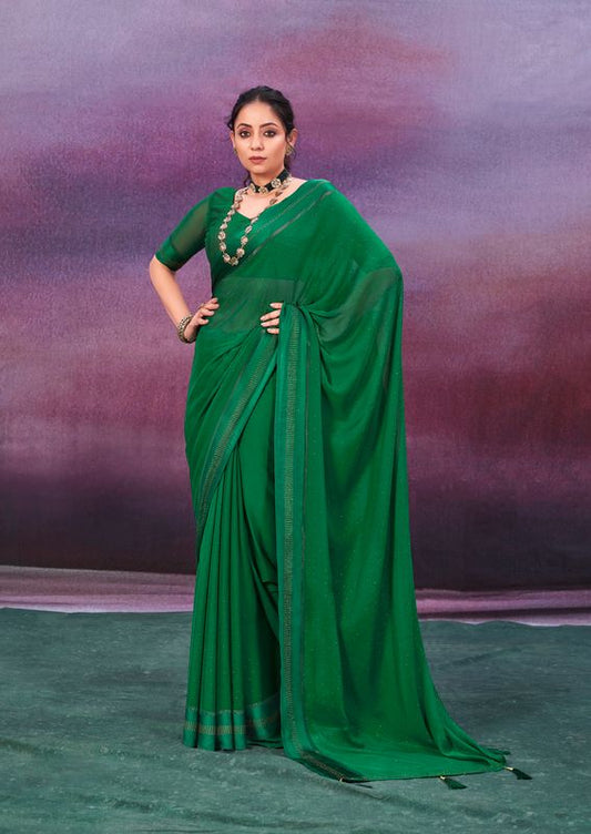 Sherwood Green Wevon Patta Designer With Swarovski Work Chiffon Saree