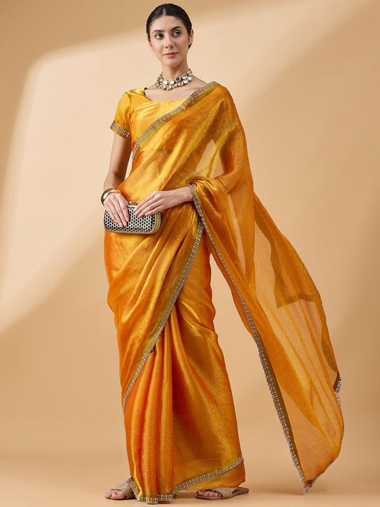 Mustard Designer Swarovski & Stone Work Organza Saree