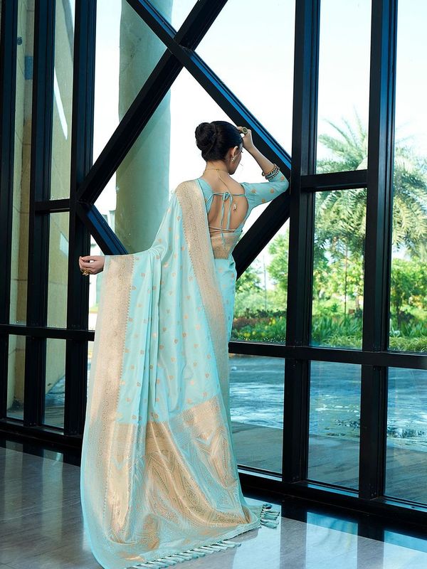 Aqua Wevon Jacquard Designer Nylon Banarasi Saree