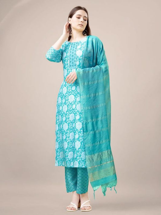 Sky Blue Color Rayon Fabric Designer Printed Readymade Suits With Smart Embroidery Work